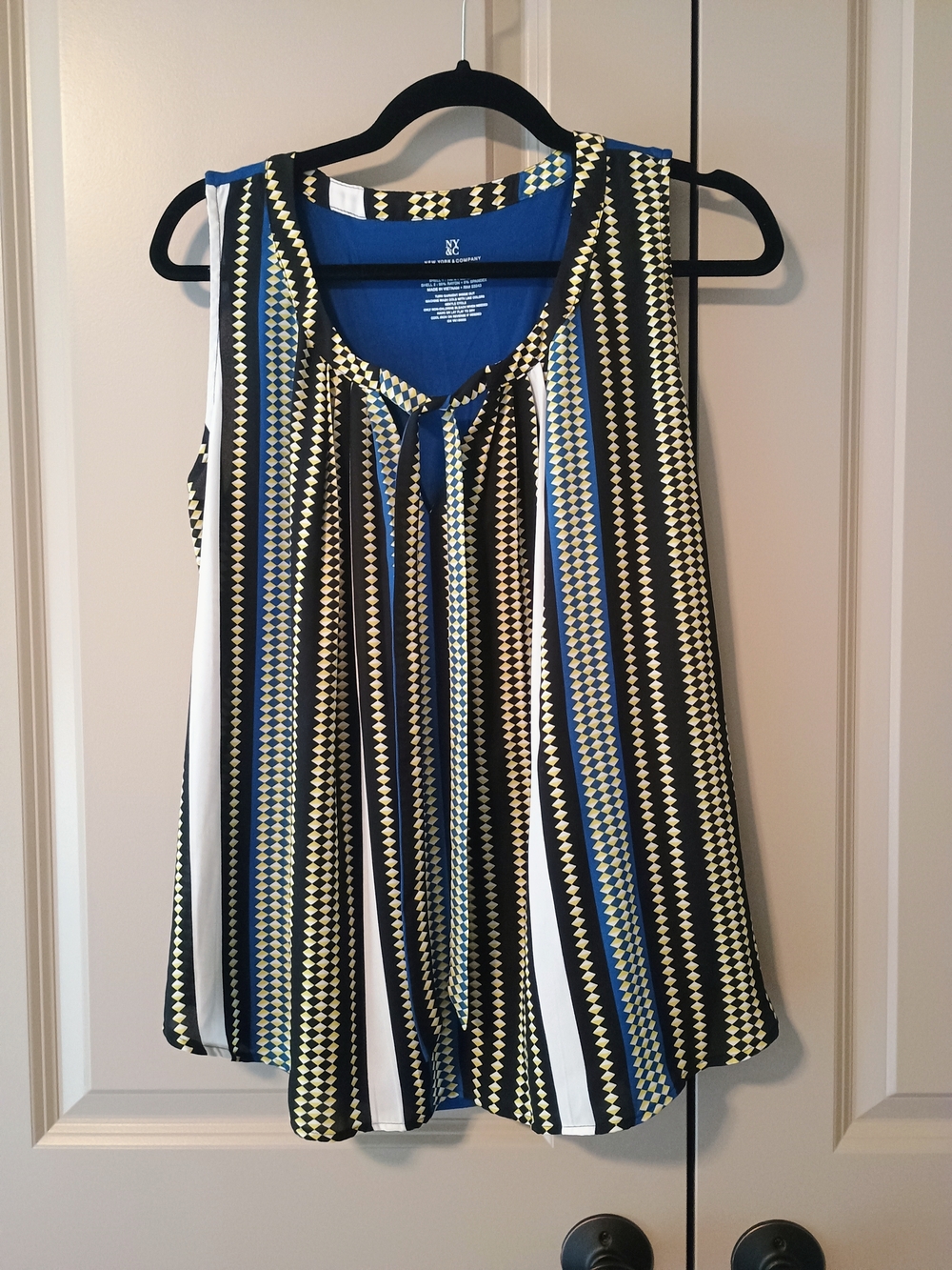 New York & Company Blue Black White Striped Tie-Neck Camisole
